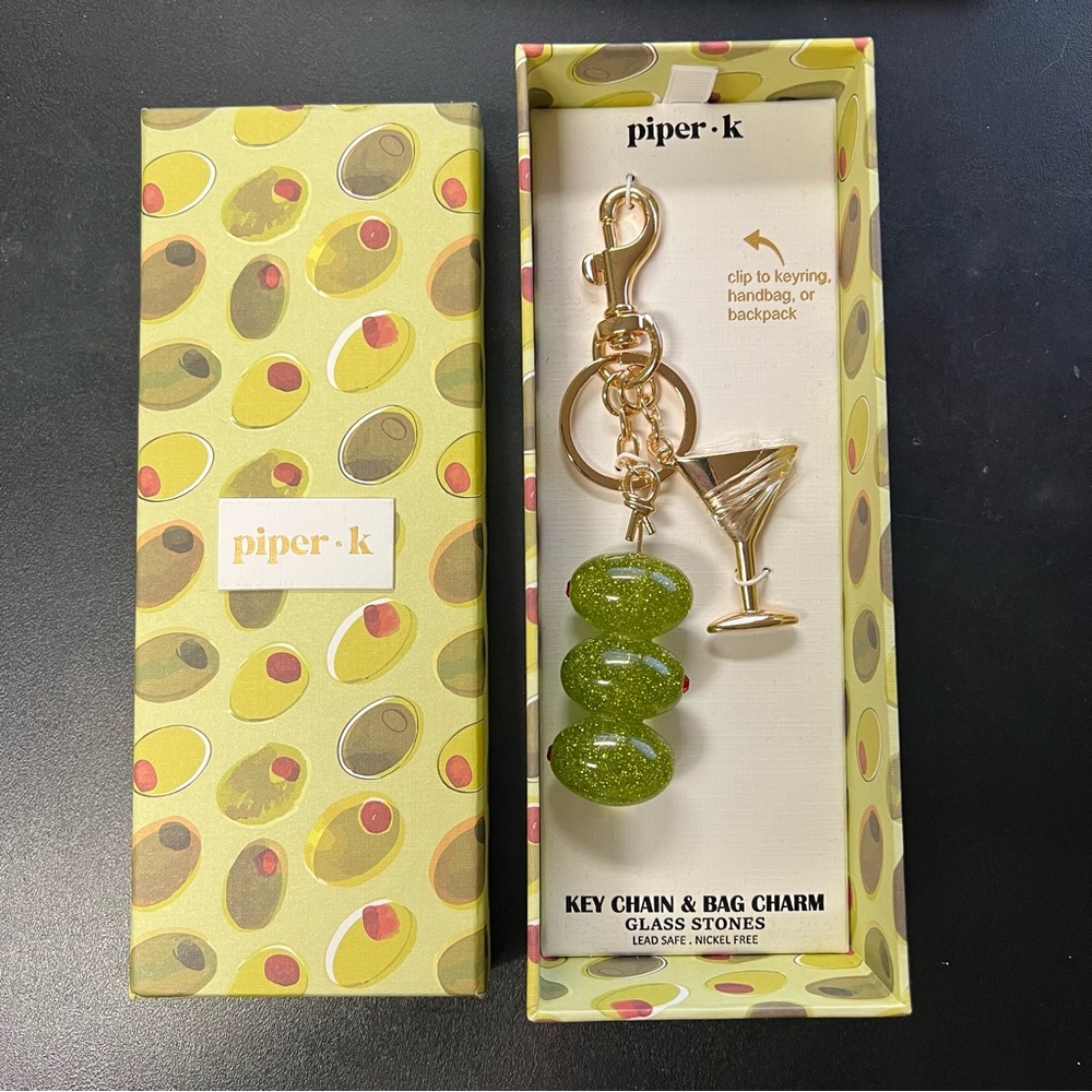 Piper K 🫒 Glass Stone Martini Bag Charm Keychain NEW IN BOX